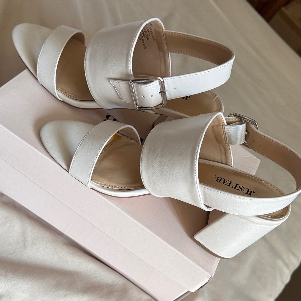 JustFab Ivory Block Heel Sandals with Buckle Strap